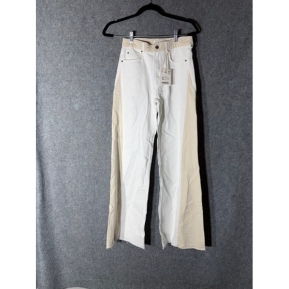 Zara Womens Wide Leg Patchwork Jeans White Ecru High Rise 6164/186/072 Size 2 - Picture 2 of 10